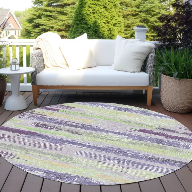8' Lavender Purple And Green Round Striped Washable Indoor Outdoor Area Rug