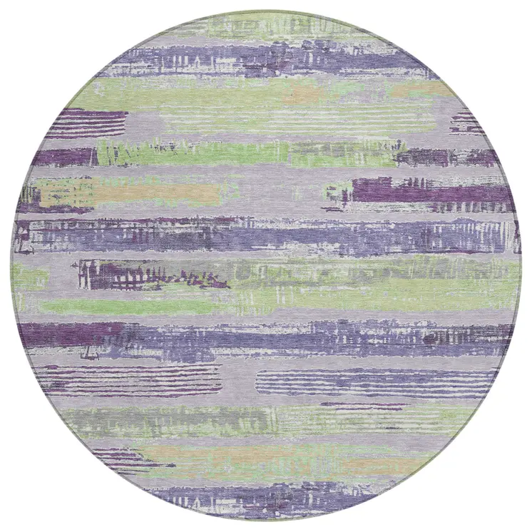 8' Lavender Purple And Green Round Striped Washable Indoor Outdoor Area Rug
