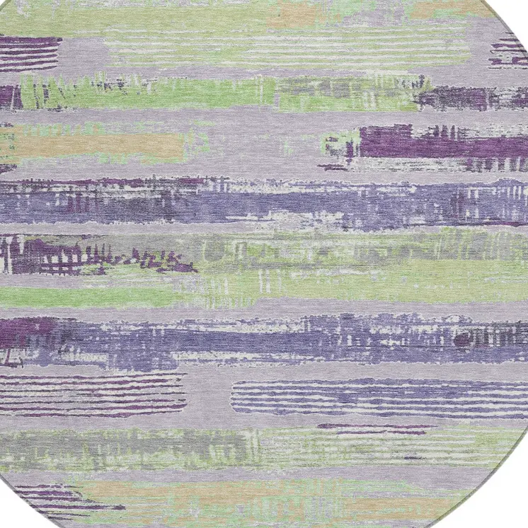 8' Lavender Purple And Green Round Striped Washable Indoor Outdoor Area Rug