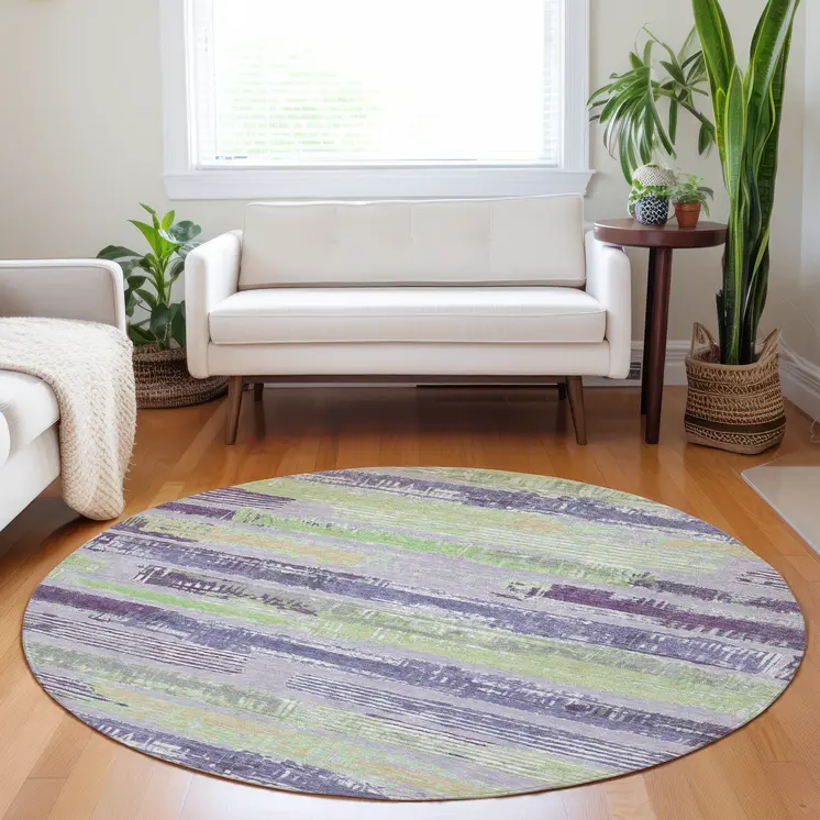 8' Lavender Purple And Green Round Striped Washable Indoor Outdoor Area Rug