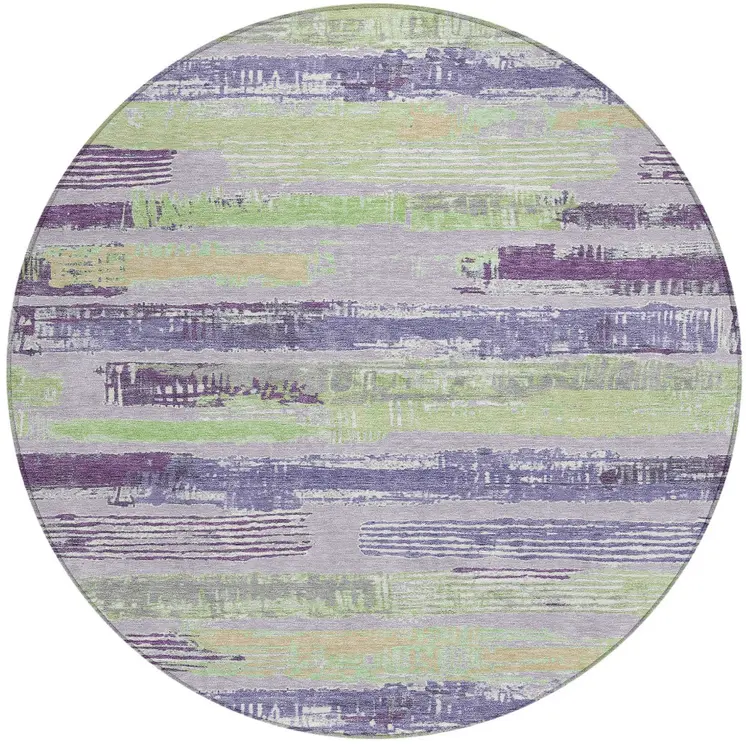 8' Lavender Purple And Green Round Striped Washable Indoor Outdoor Area Rug