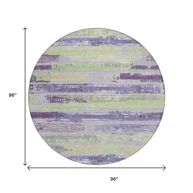 8' Lavender Purple And Green Round Striped Washable Indoor Outdoor Area Rug