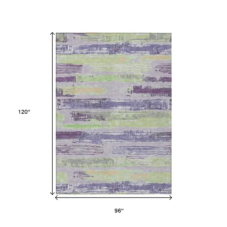 8' X 10' Lavender Purple And Green Striped Washable Indoor Outdoor Area Rug