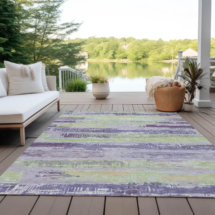 8' X 10' Lavender Purple And Green Striped Washable Indoor Outdoor Area Rug