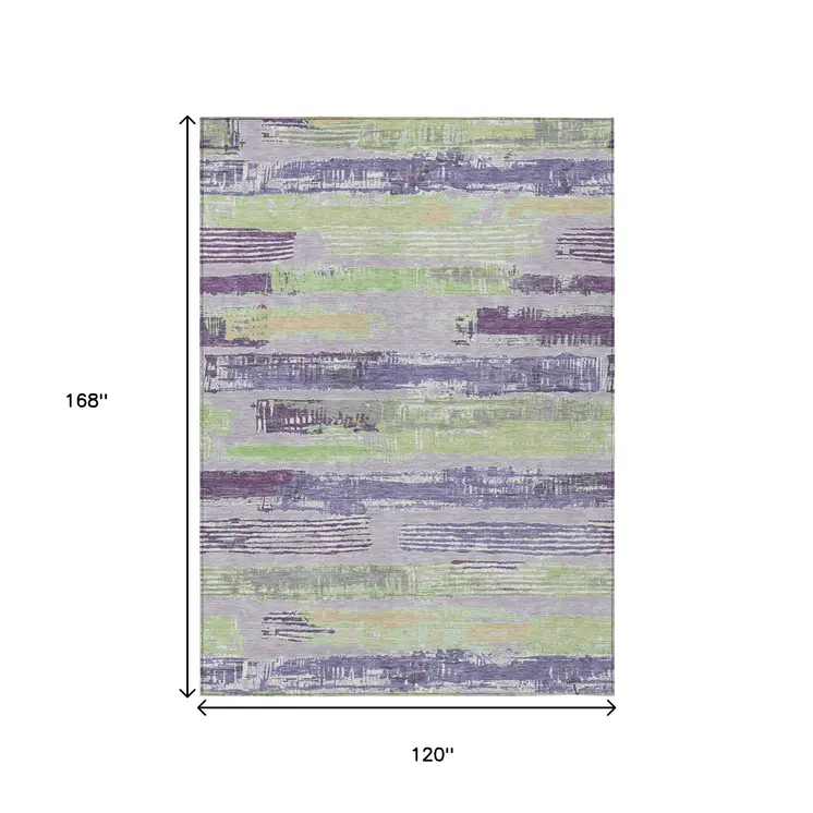 10' X 14' Lavender Purple And Green Striped Washable Indoor Outdoor Area Rug