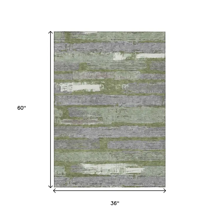3' X 5' Olive Green Ivory And Blue Striped Washable Indoor Outdoor Area Rug