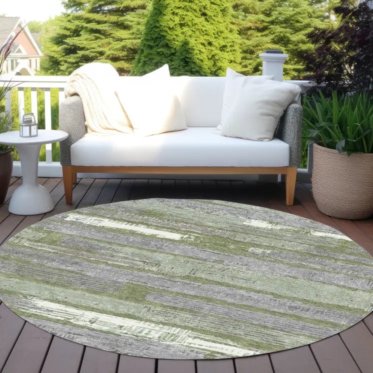 8' Olive Green Ivory And Blue Round Striped Washable Indoor Outdoor Area Rug