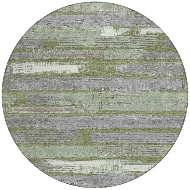 8' Olive Green Ivory And Blue Round Striped Washable Indoor Outdoor Area Rug