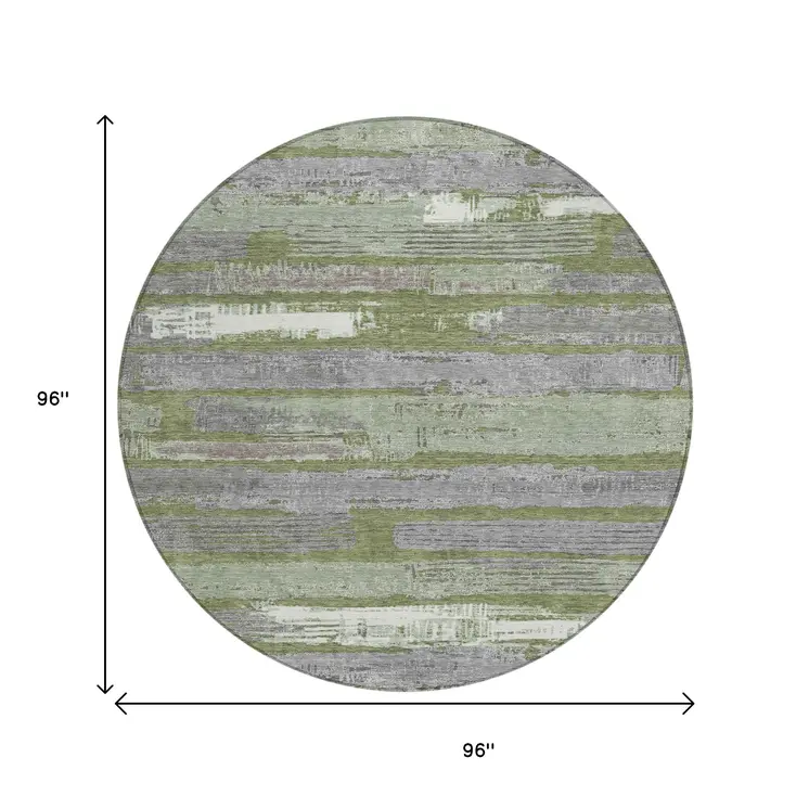 8' Olive Green Ivory And Blue Round Striped Washable Indoor Outdoor Area Rug