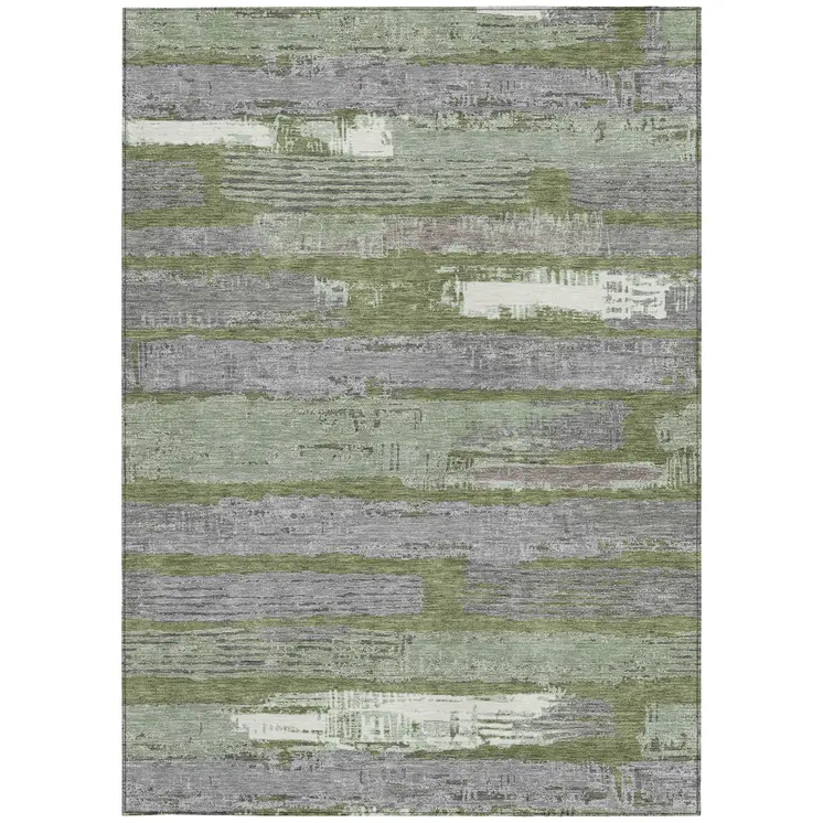 8' X 10' Olive Green Ivory And Blue Striped Washable Indoor Outdoor Area Rug