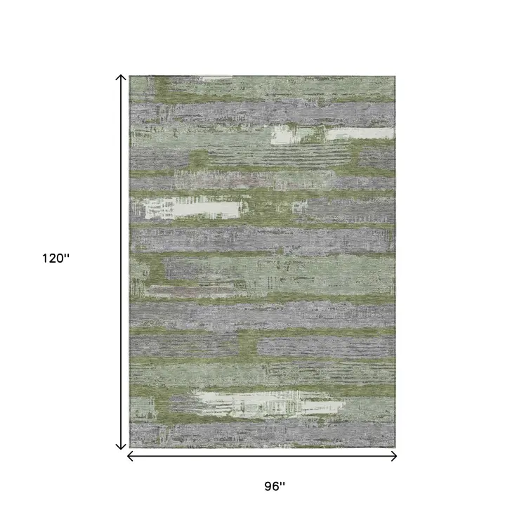 8' X 10' Olive Green Ivory And Blue Striped Washable Indoor Outdoor Area Rug