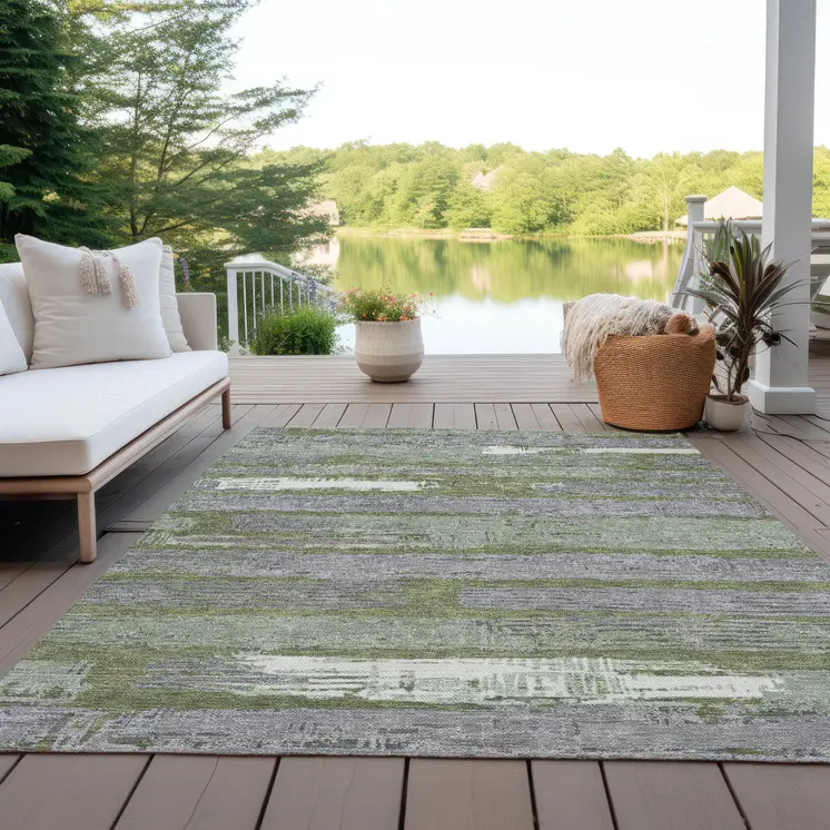 8' X 10' Olive Green Ivory And Blue Striped Washable Indoor Outdoor Area Rug