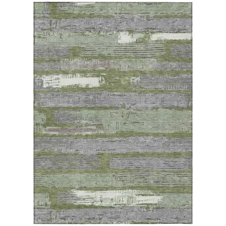 8' X 10' Olive Green Ivory And Blue Striped Washable Indoor Outdoor Area Rug