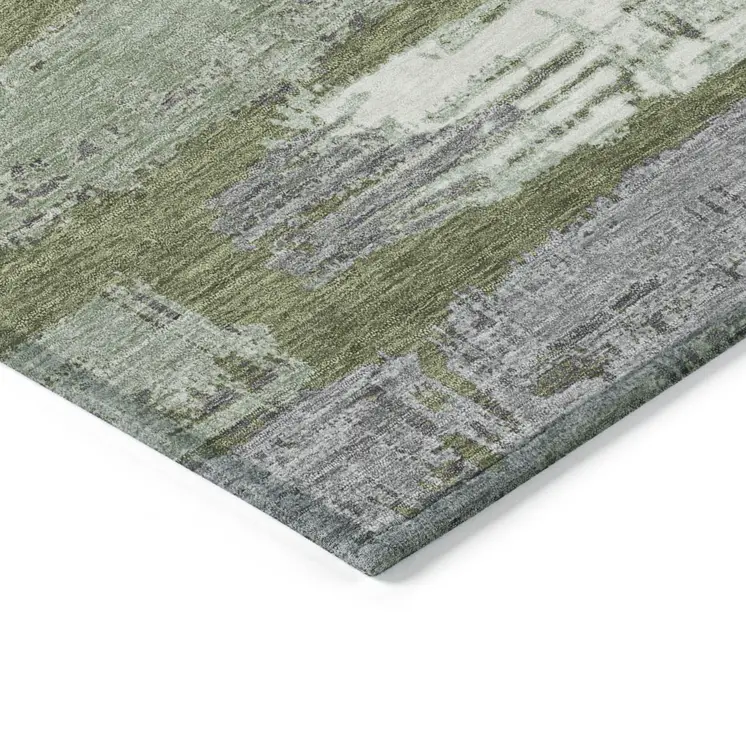 8' X 10' Olive Green Ivory And Blue Striped Washable Indoor Outdoor Area Rug