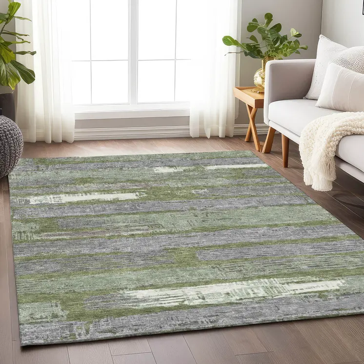 8' X 10' Olive Green Ivory And Blue Striped Washable Indoor Outdoor Area Rug