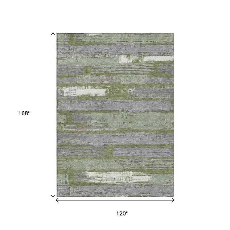 10' X 14' Olive Green Ivory And Blue Striped Washable Indoor Outdoor Area Rug
