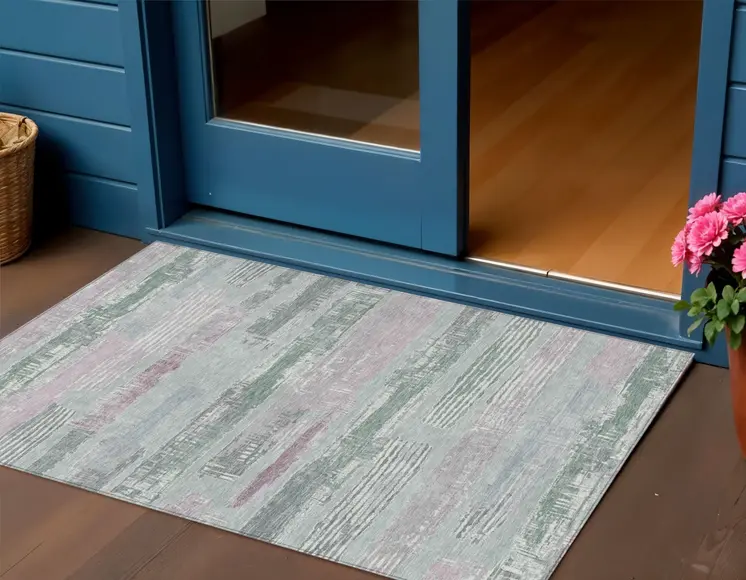 3' X 5' Pale Aqua Mauve And Blush Striped Washable Indoor Outdoor Area Rug