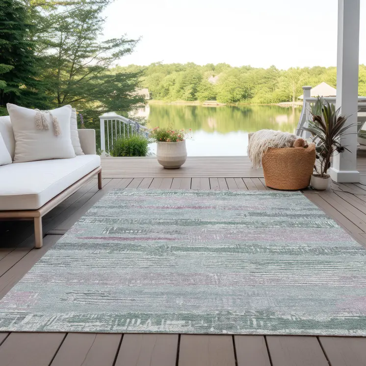 5' X 8' Pale Aqua Mauve And Blush Striped Washable Indoor Outdoor Area Rug