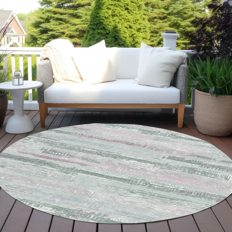 8' Pale Aqua Mauve And Blush Round Striped Washable Indoor Outdoor Area Rug