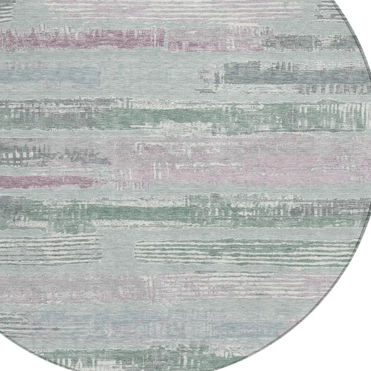 8' Pale Aqua Mauve And Blush Round Striped Washable Indoor Outdoor Area Rug