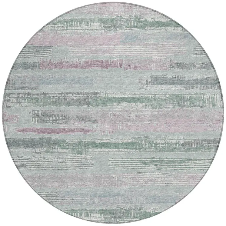 8' Pale Aqua Mauve And Blush Round Striped Washable Indoor Outdoor Area Rug