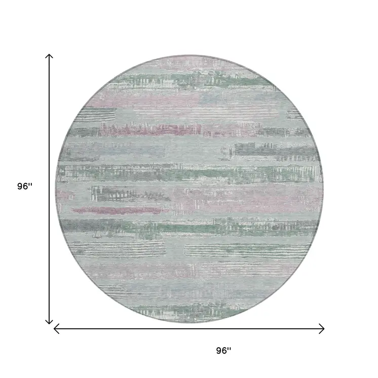 8' Pale Aqua Mauve And Blush Round Striped Washable Indoor Outdoor Area Rug