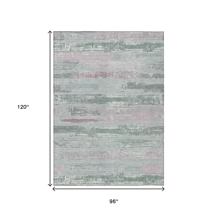 8' X 10' Pale Aqua Mauve And Blush Striped Washable Indoor Outdoor Area Rug