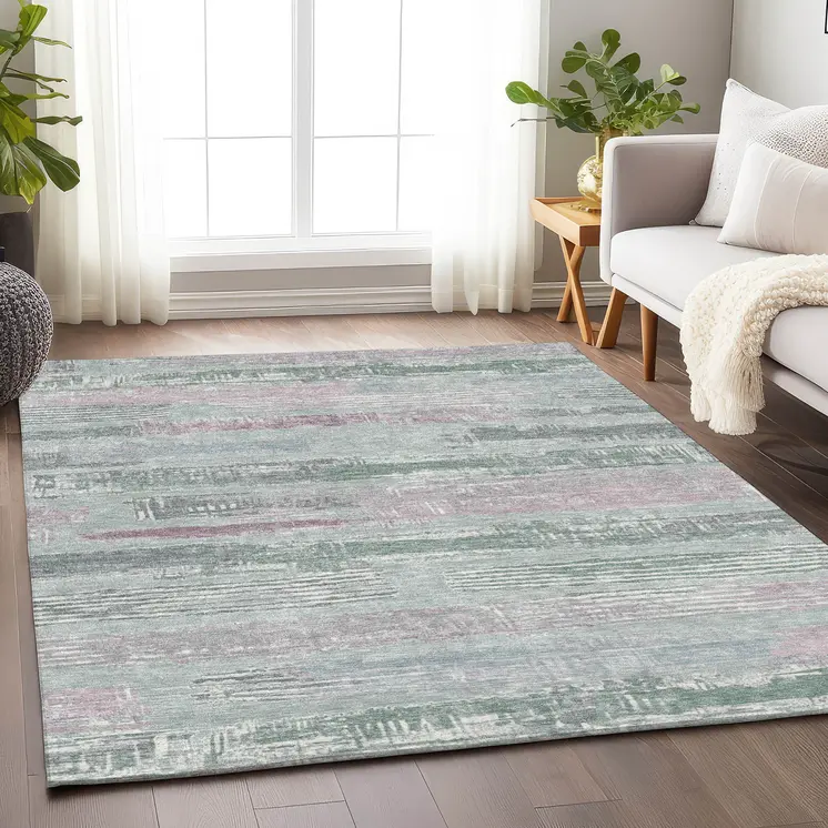 8' X 10' Pale Aqua Mauve And Blush Striped Washable Indoor Outdoor Area Rug