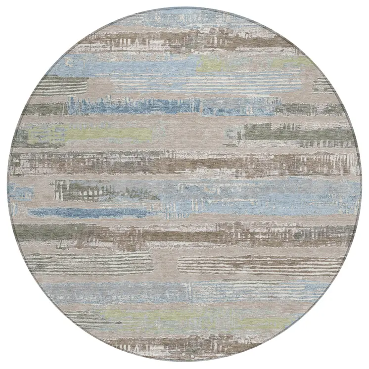 8' Taupe Blue And Brown Round Striped Washable Indoor Outdoor Area Rug