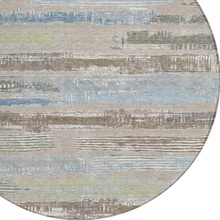 8' Taupe Blue And Brown Round Striped Washable Indoor Outdoor Area Rug