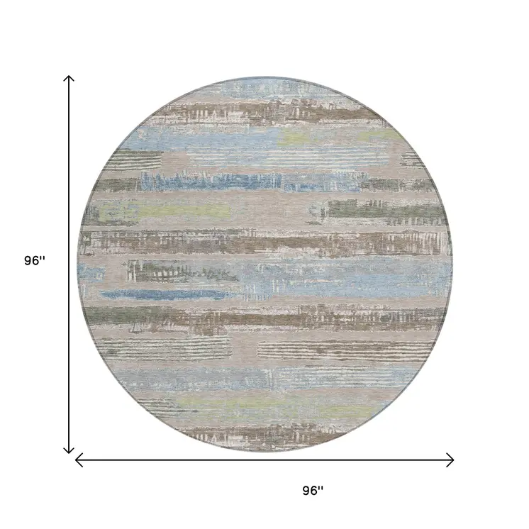 8' Taupe Blue And Brown Round Striped Washable Indoor Outdoor Area Rug