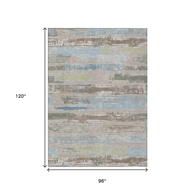 8' X 10' Taupe Blue And Brown Striped Washable Indoor Outdoor Area Rug