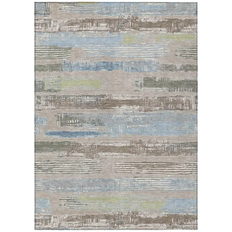 8' X 10' Taupe Blue And Brown Striped Washable Indoor Outdoor Area Rug