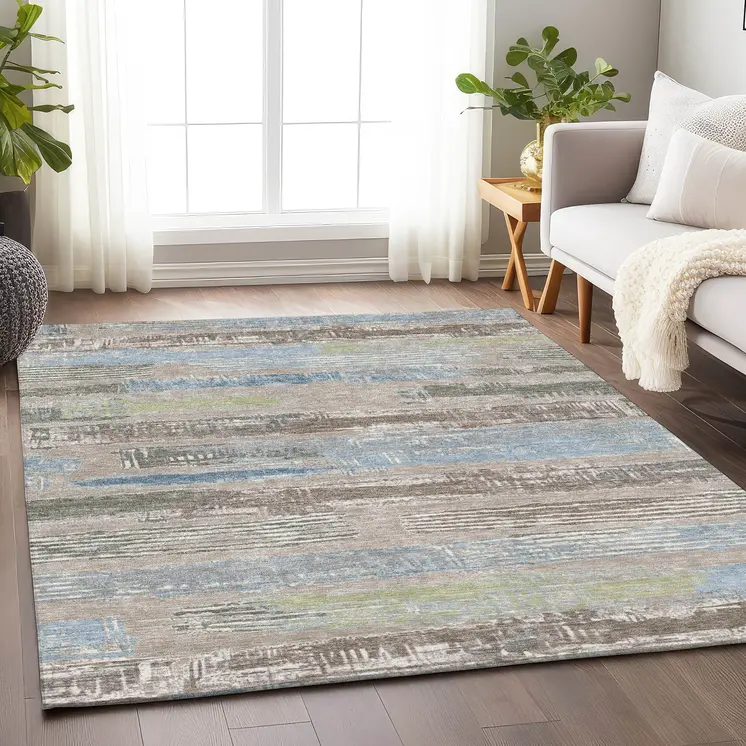 8' X 10' Taupe Blue And Brown Striped Washable Indoor Outdoor Area Rug
