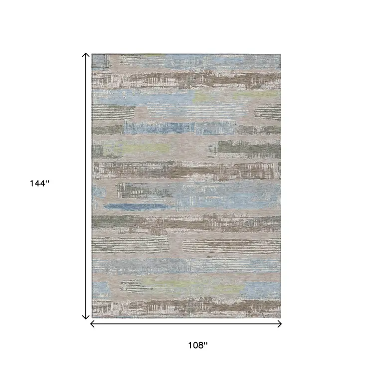 9' X 12' Taupe Blue And Brown Striped Washable Indoor Outdoor Area Rug