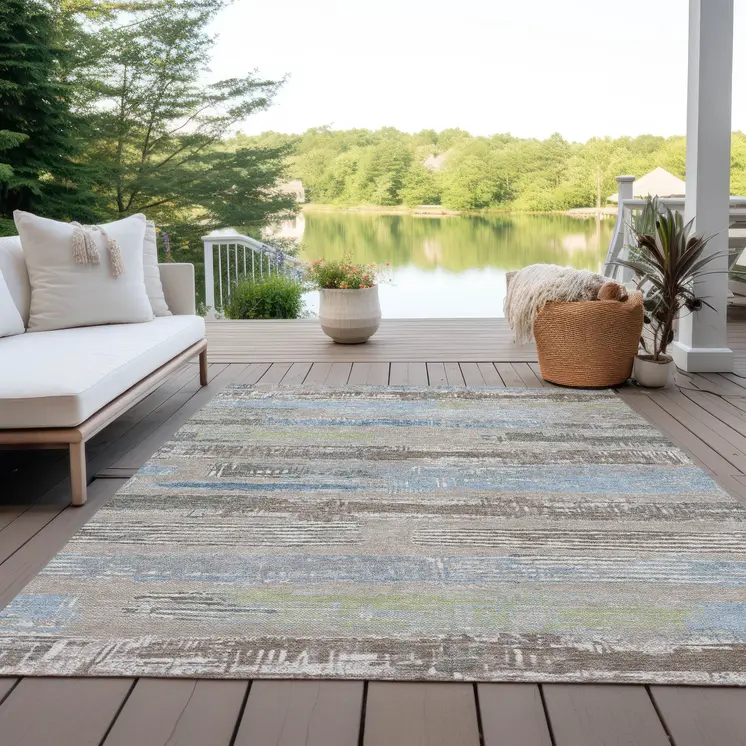 9' X 12' Taupe Blue And Brown Striped Washable Indoor Outdoor Area Rug