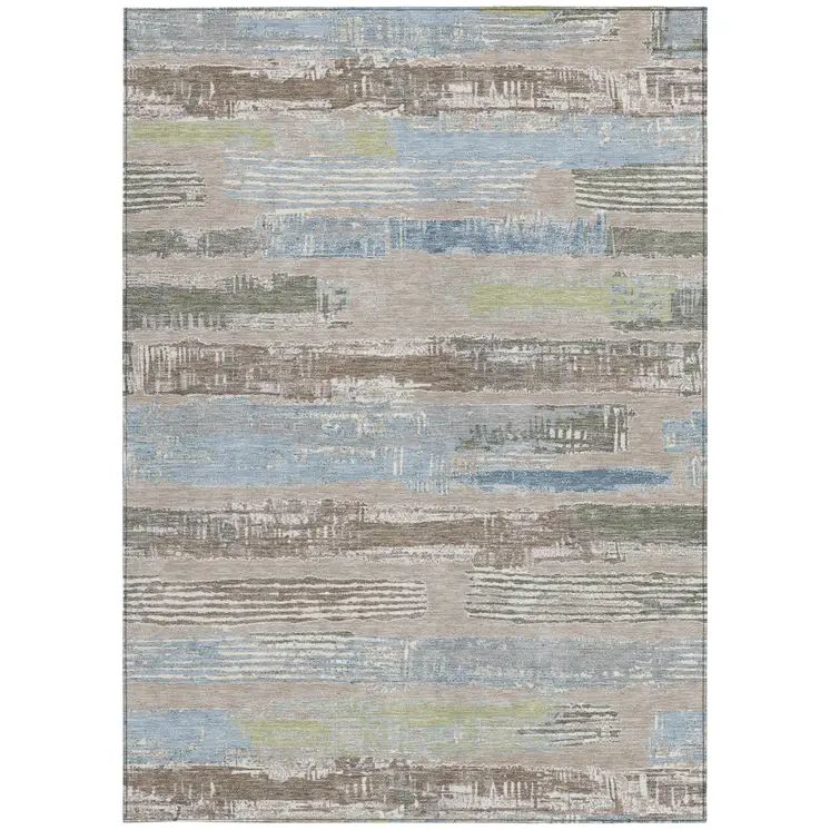 9' X 12' Taupe Blue And Brown Striped Washable Indoor Outdoor Area Rug