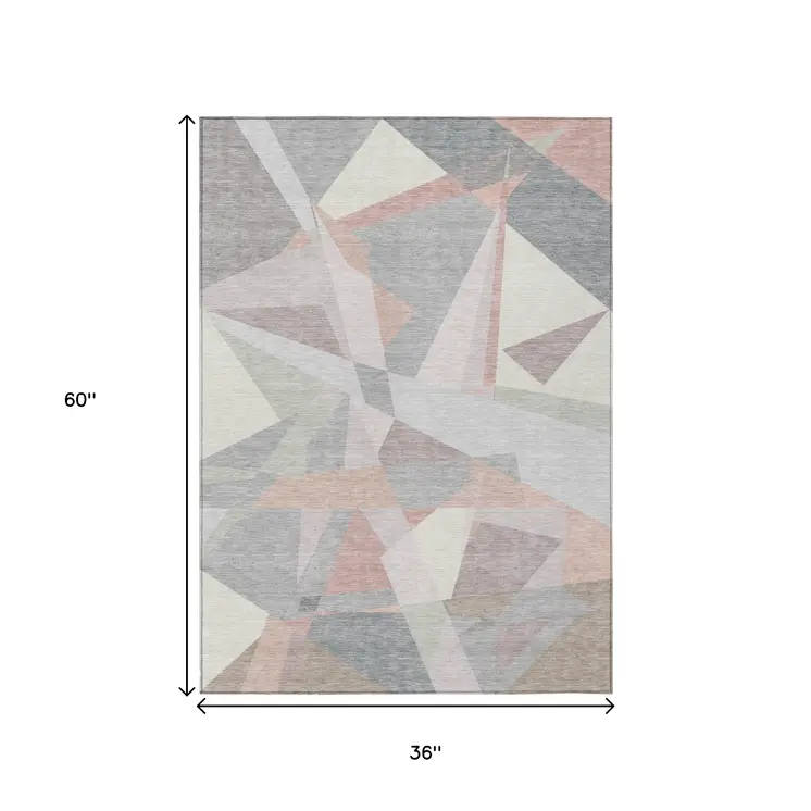 3' X 5' Blush Ivory And Gray Geometric Washable Indoor Outdoor Area Rug
