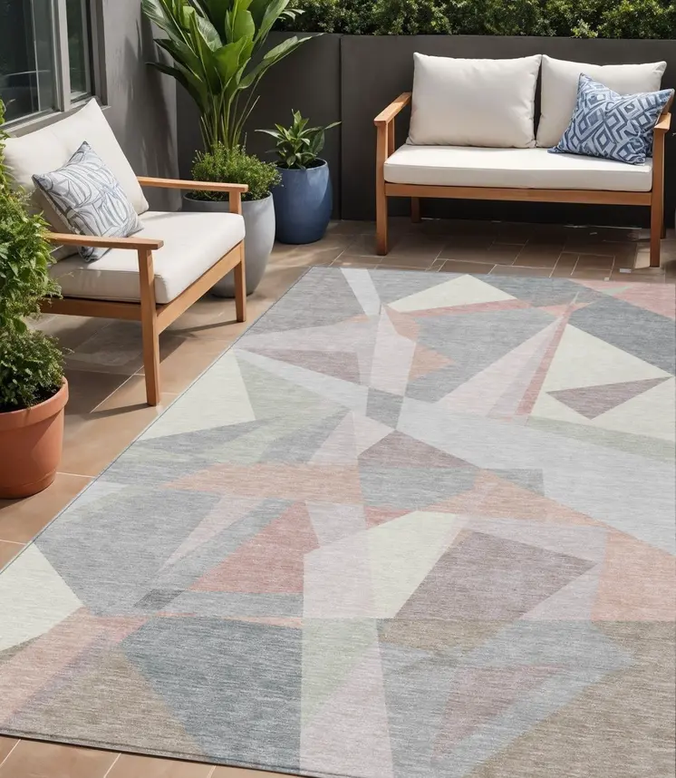5' X 8' Blush Ivory And Gray Geometric Washable Indoor Outdoor Area Rug