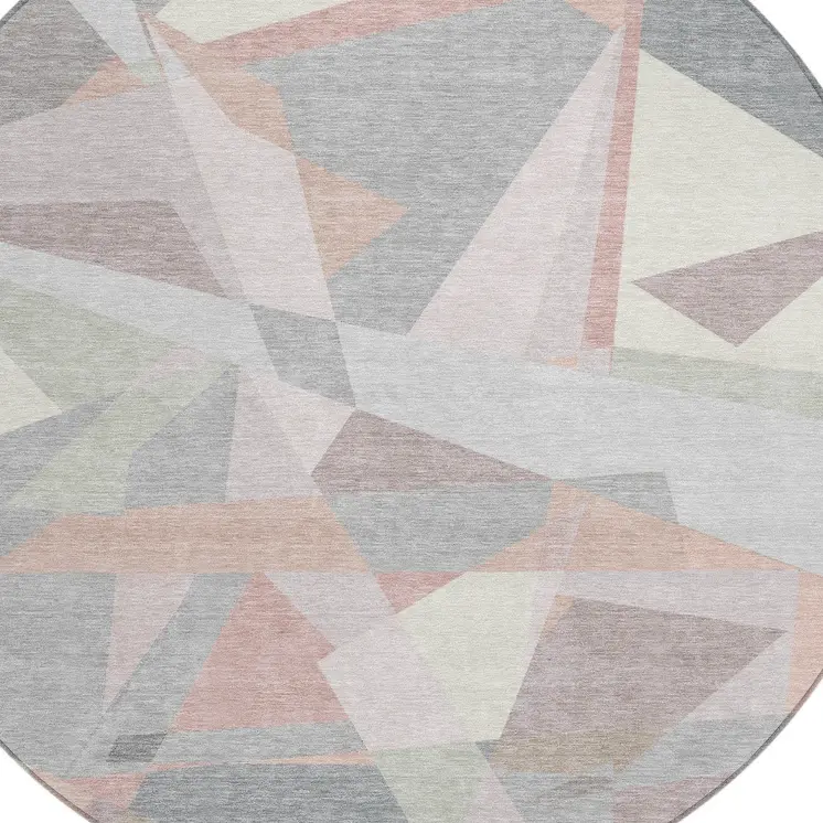 8' Blush Ivory And Gray Round Geometric Washable Indoor Outdoor Area Rug