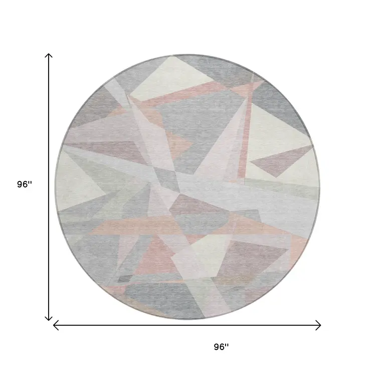 8' Blush Ivory And Gray Round Geometric Washable Indoor Outdoor Area Rug