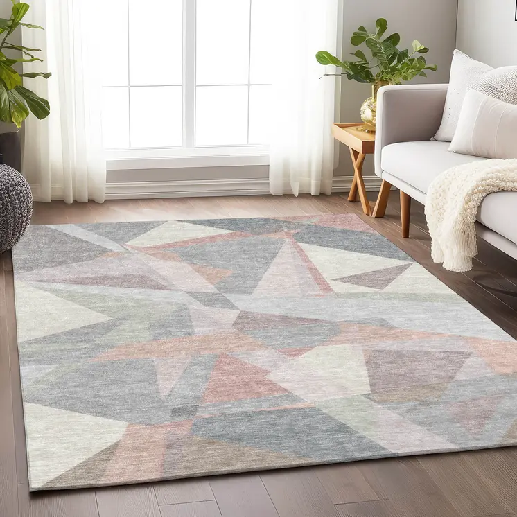 9' X 12' Blush Ivory And Gray Geometric Washable Indoor Outdoor Area Rug
