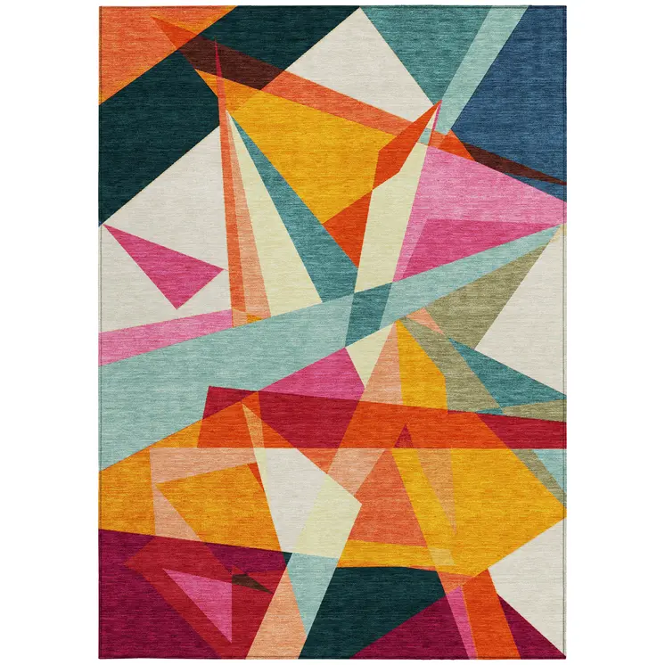 5' X 8' Ivory Orange Yellow Teal Blue And Burgundy Geometric Washable Indoor Outdoor Area Rug