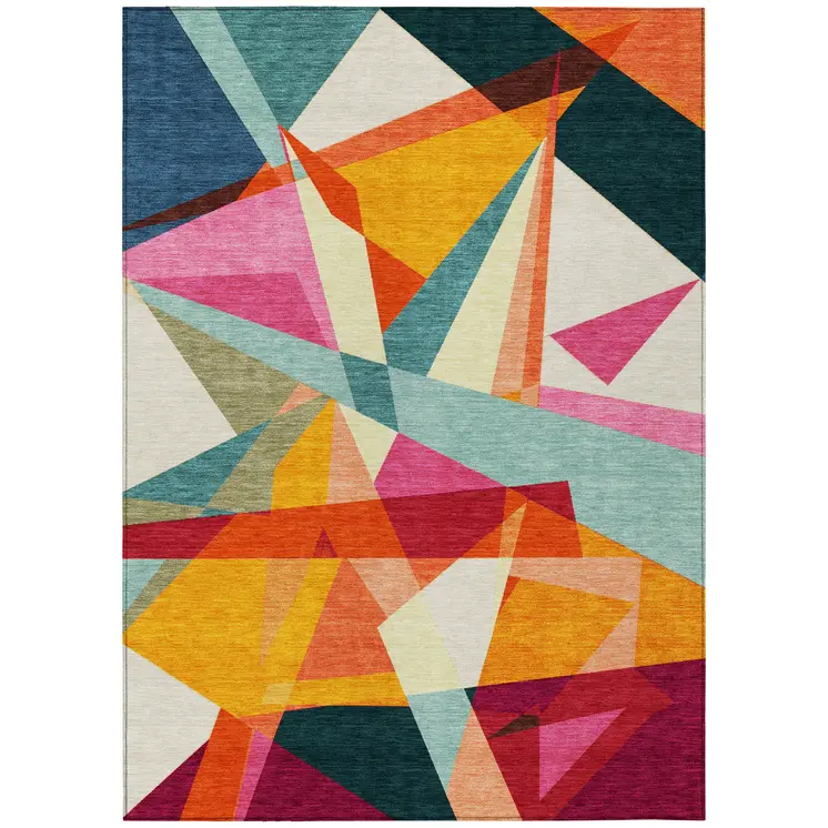 5' X 8' Ivory Orange Yellow Teal Blue And Burgundy Geometric Washable Indoor Outdoor Area Rug