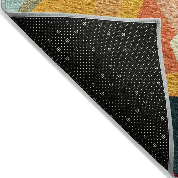 5' X 8' Ivory Orange Yellow Teal Blue And Burgundy Geometric Washable Indoor Outdoor Area Rug