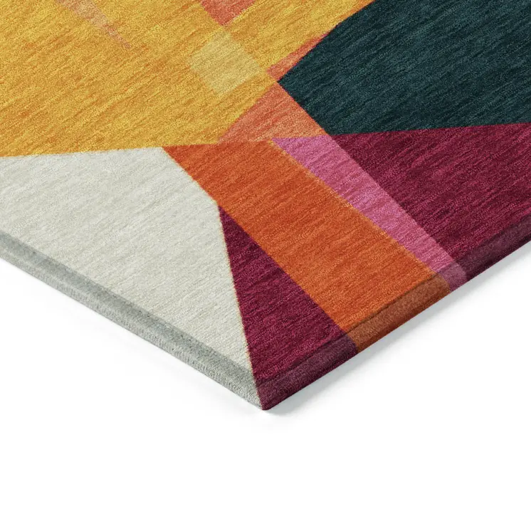 5' X 8' Ivory Orange Yellow Teal Blue And Burgundy Geometric Washable Indoor Outdoor Area Rug