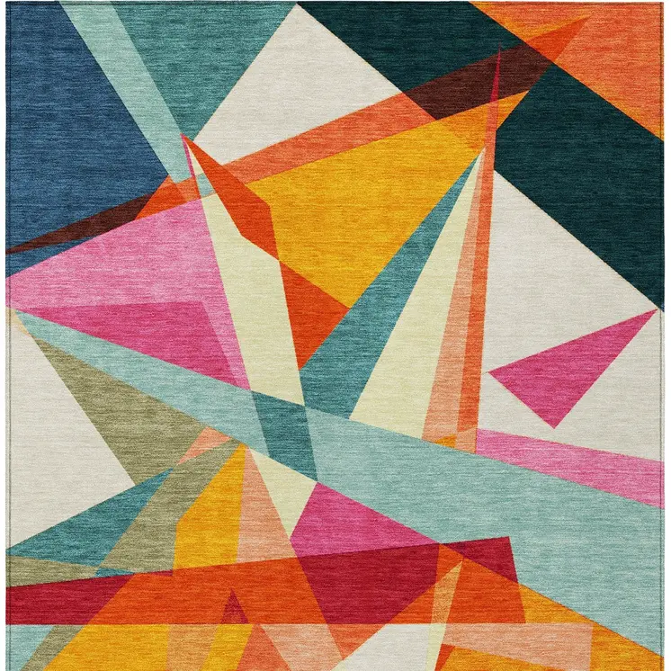 5' X 8' Ivory Orange Yellow Teal Blue And Burgundy Geometric Washable Indoor Outdoor Area Rug