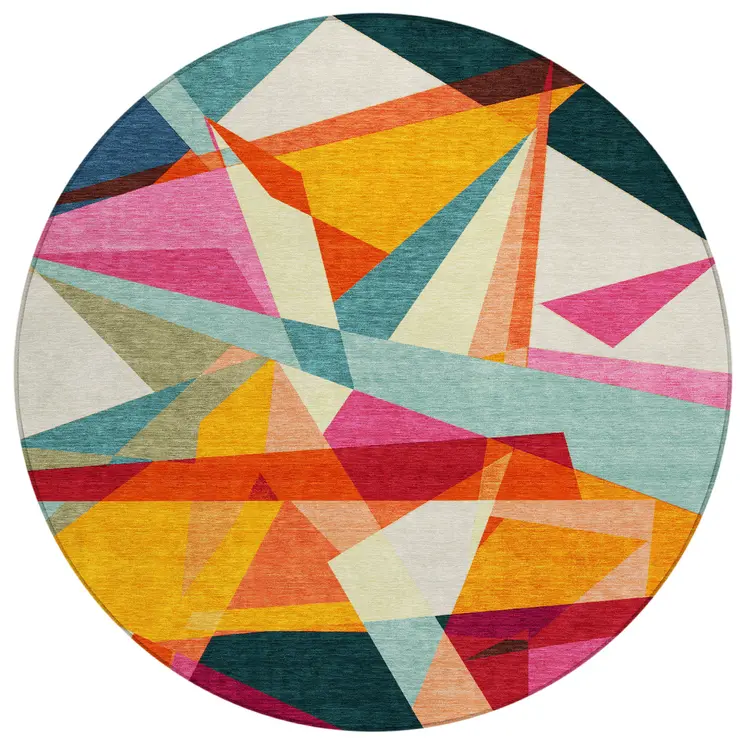8' Ivory Orange Yellow Teal Blue And Burgundy Round Geometric Washable Indoor Outdoor Area Rug