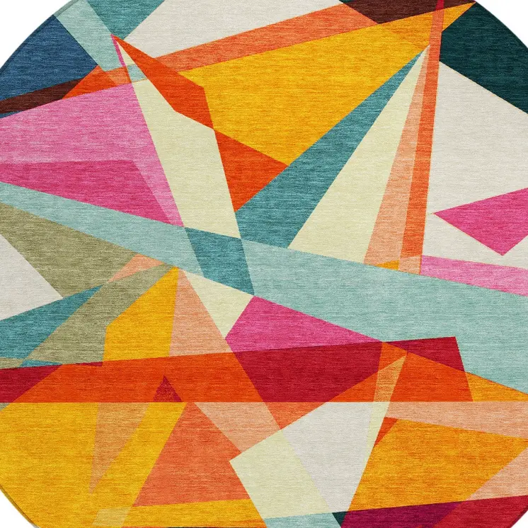 8' Ivory Orange Yellow Teal Blue And Burgundy Round Geometric Washable Indoor Outdoor Area Rug