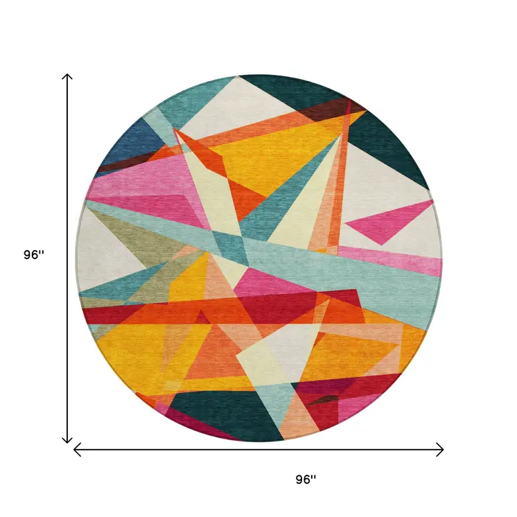 8' Ivory Orange Yellow Teal Blue And Burgundy Round Geometric Washable Indoor Outdoor Area Rug